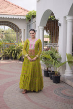 Geogrette Leheriya Print Kutchi Patchwork Frill Gown