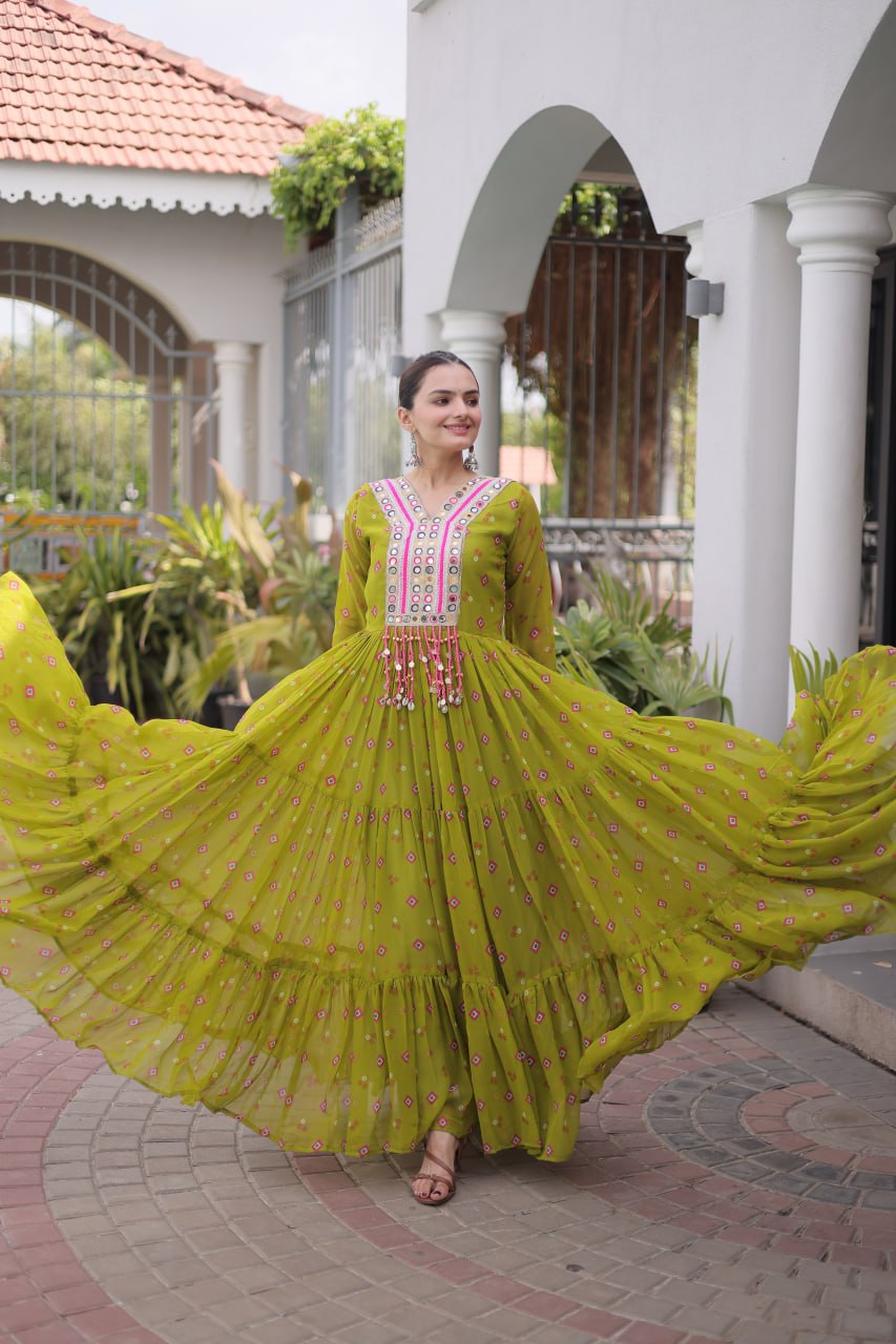 Geogrette Leheriya Print Kutchi Patchwork Frill Gown