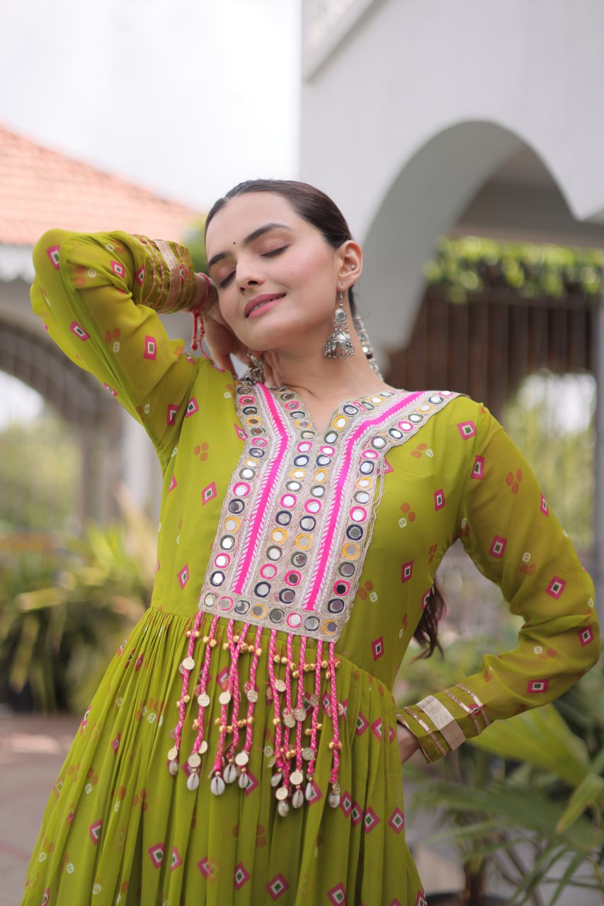 Geogrette Leheriya Print Kutchi Patchwork Frill Gown