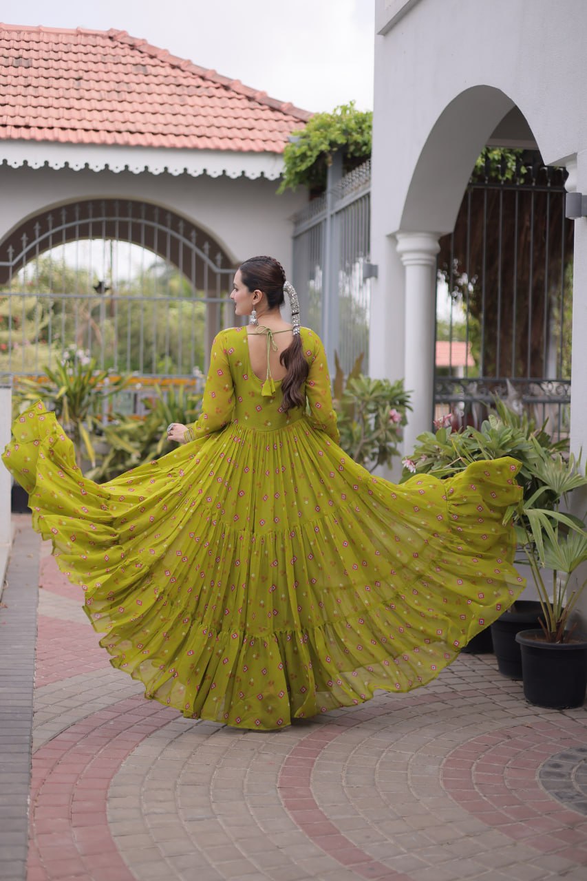 Geogrette Leheriya Print Kutchi Patchwork Frill Gown