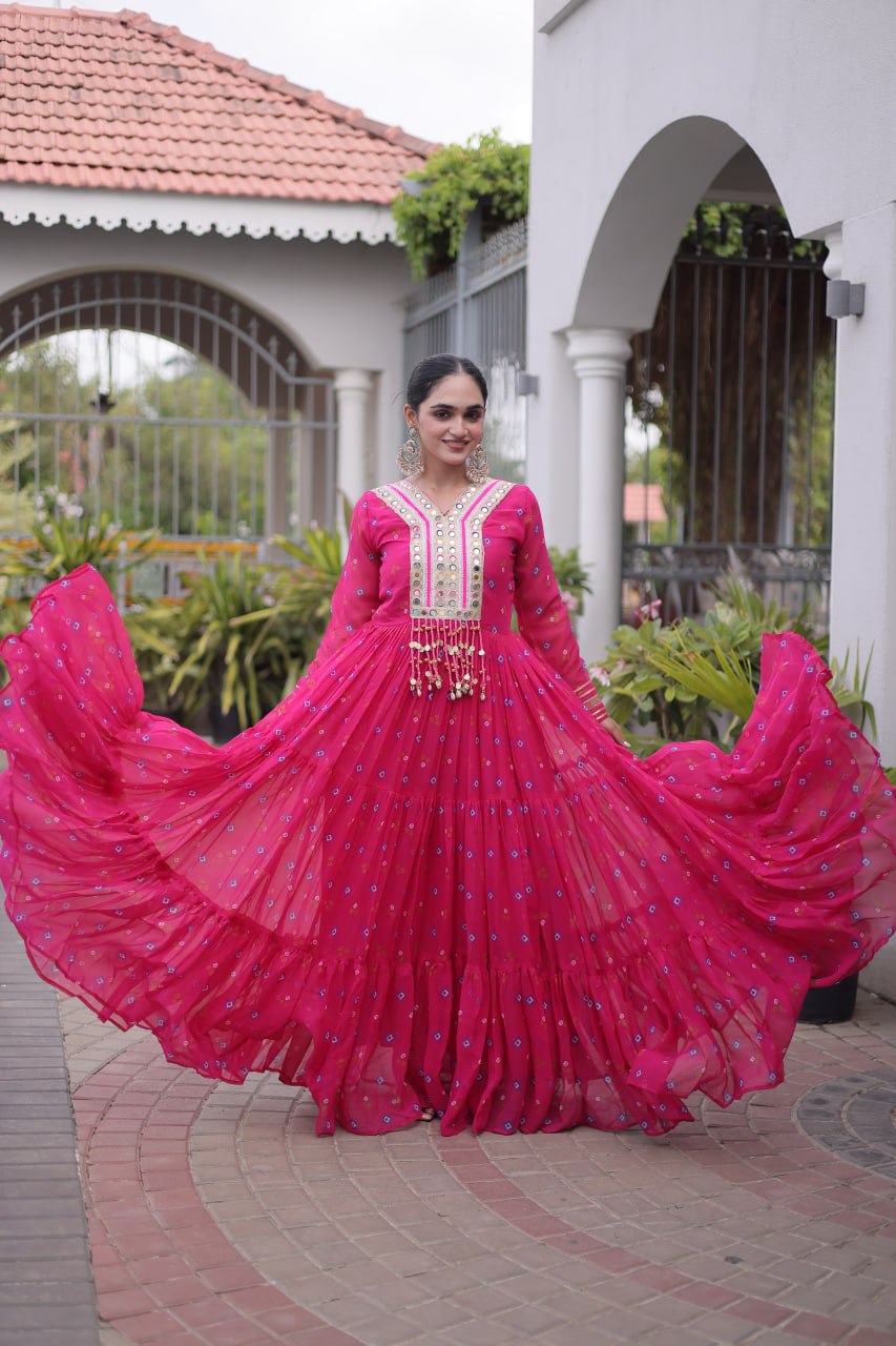 Geogrette Leheriya Print Kutchi Patchwork Frill Gown