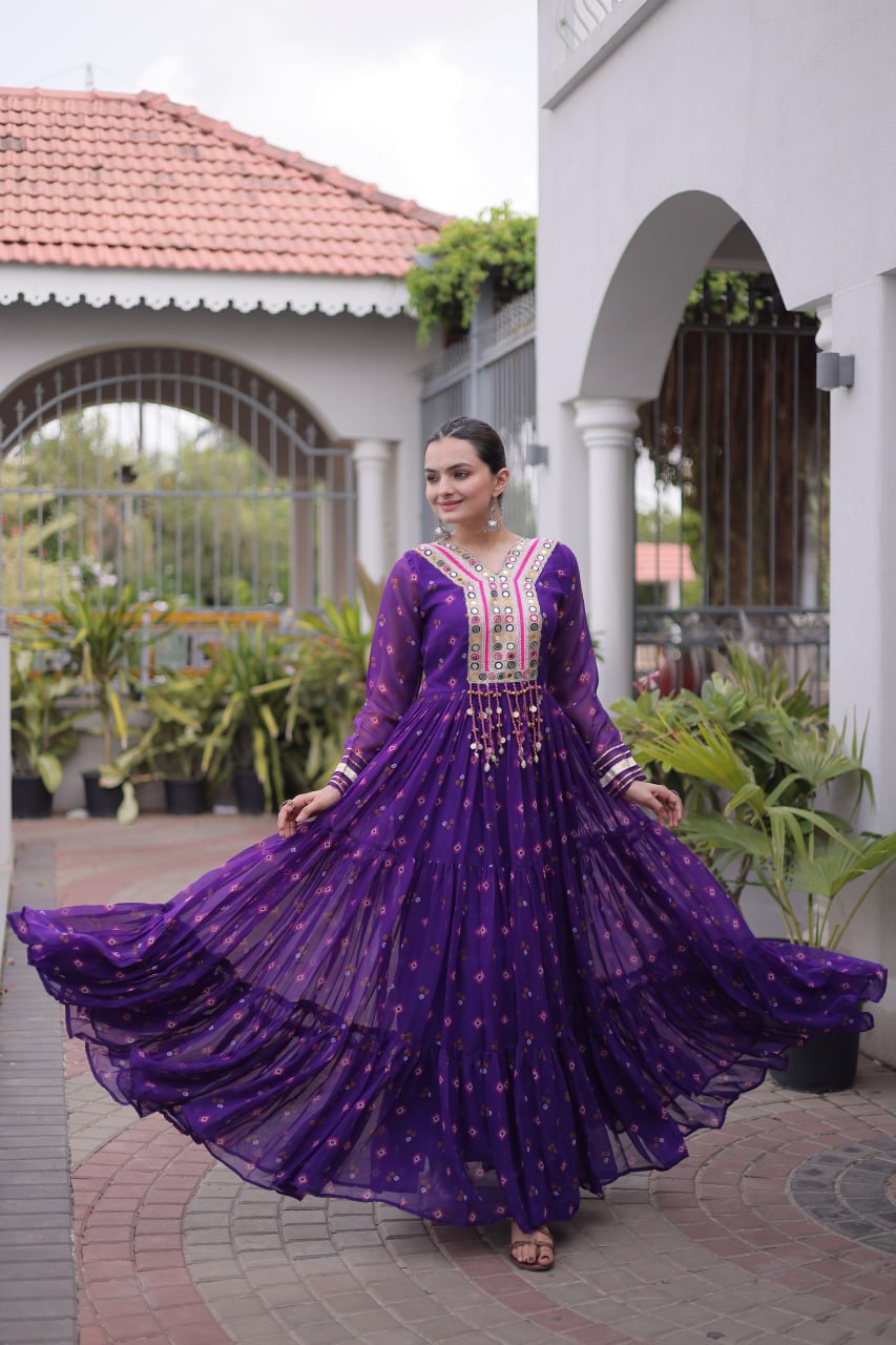 Geogrette Leheriya Print Kutchi Patchwork Frill Gown