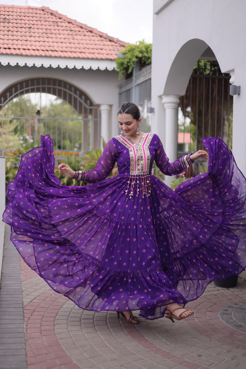 Geogrette Leheriya Print Kutchi Patchwork Frill Gown