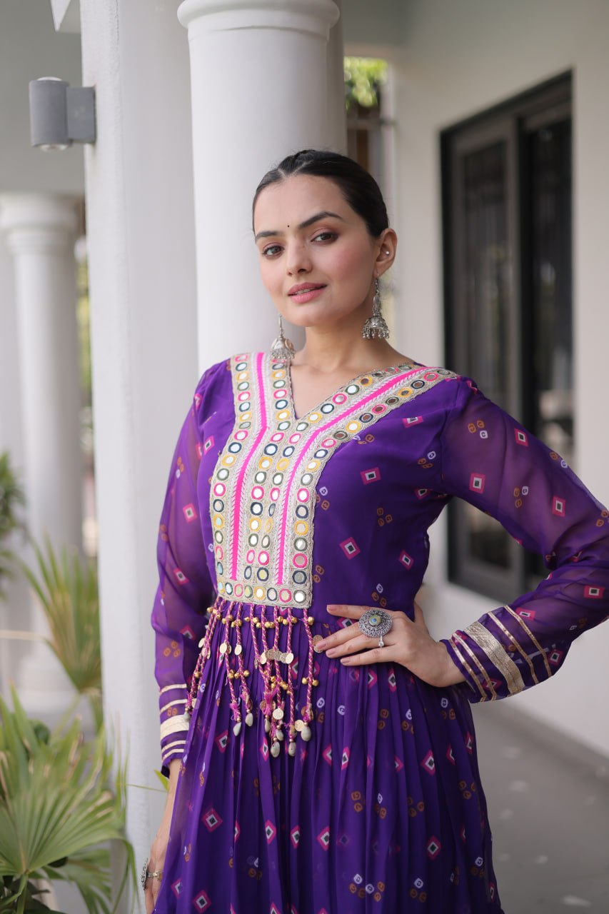 Geogrette Leheriya Print Kutchi Patchwork Frill Gown
