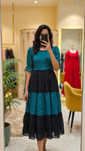 Black Teal Silk Layered Style Maxi Dress