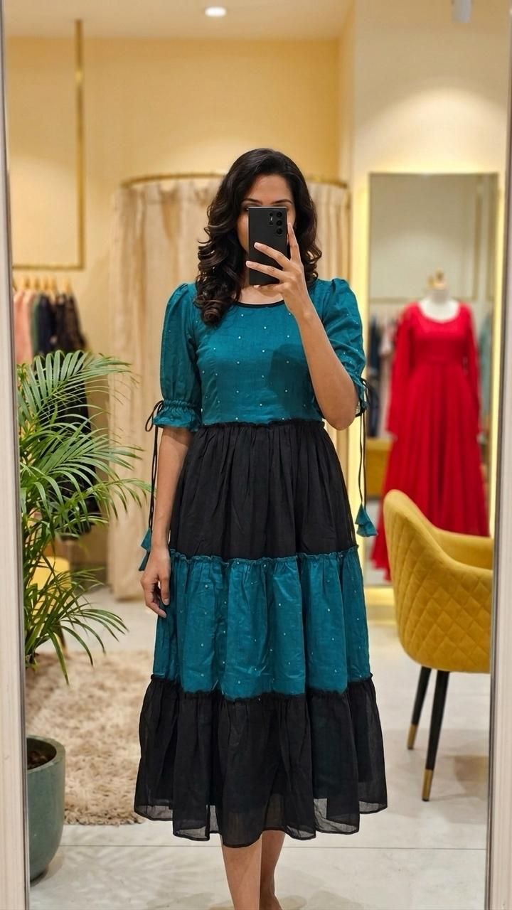 Black Teal Silk Layered Style Maxi Dress