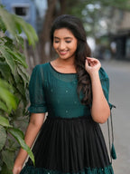 Black Teal Silk Layered Style Maxi Dress
