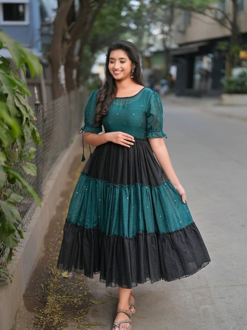 Black Teal Silk Layered Style Maxi Dress