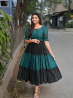Black Teal Silk Layered Style Maxi Dress