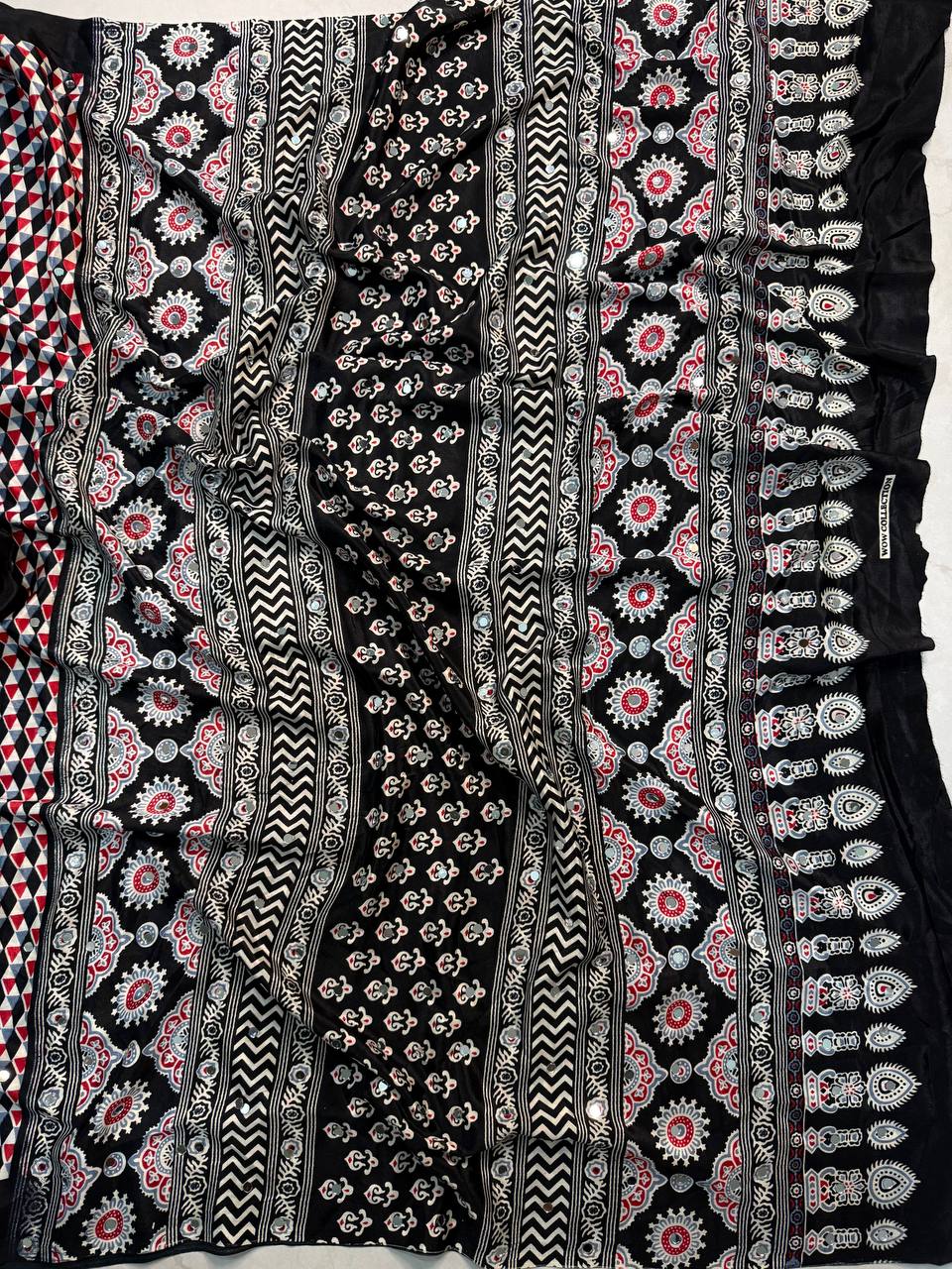 Black Ajrakh Gajji Crepe Silk Saree With Blouse