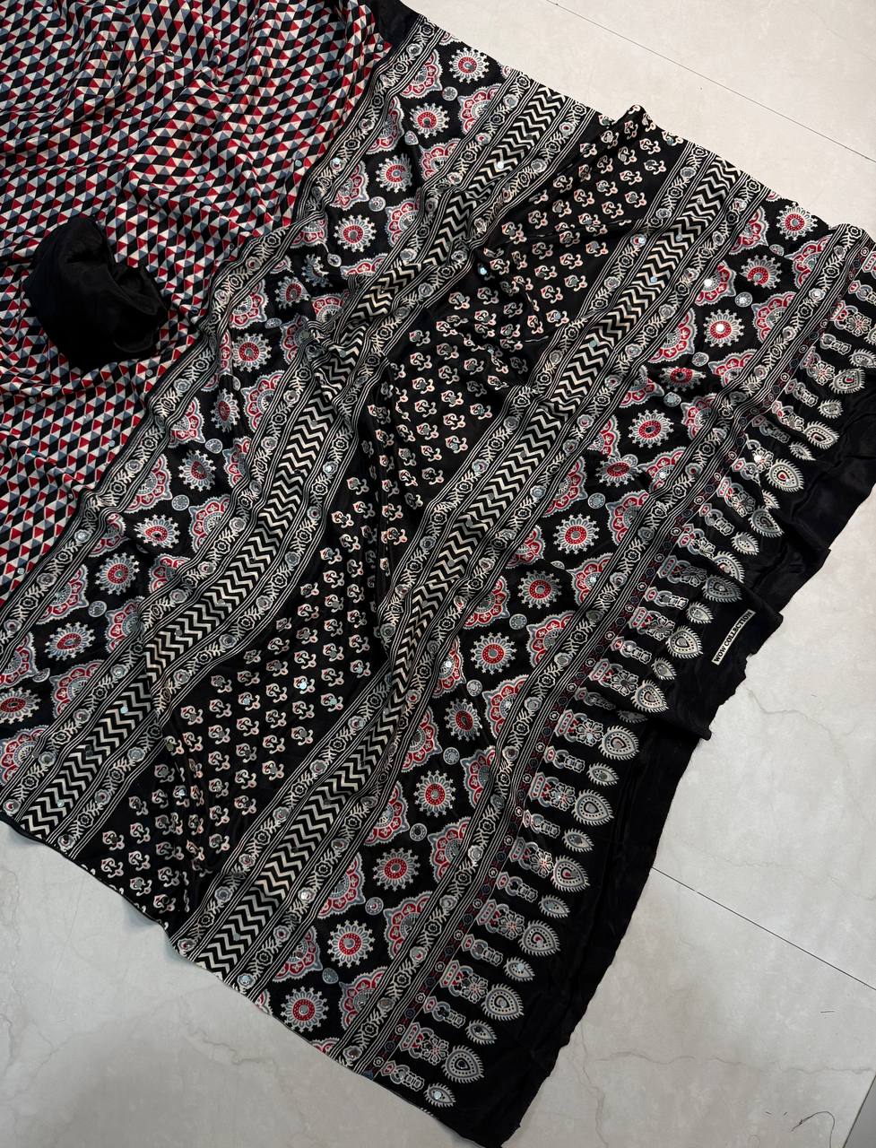 Black Ajrakh Gajji Crepe Silk Saree With Blouse