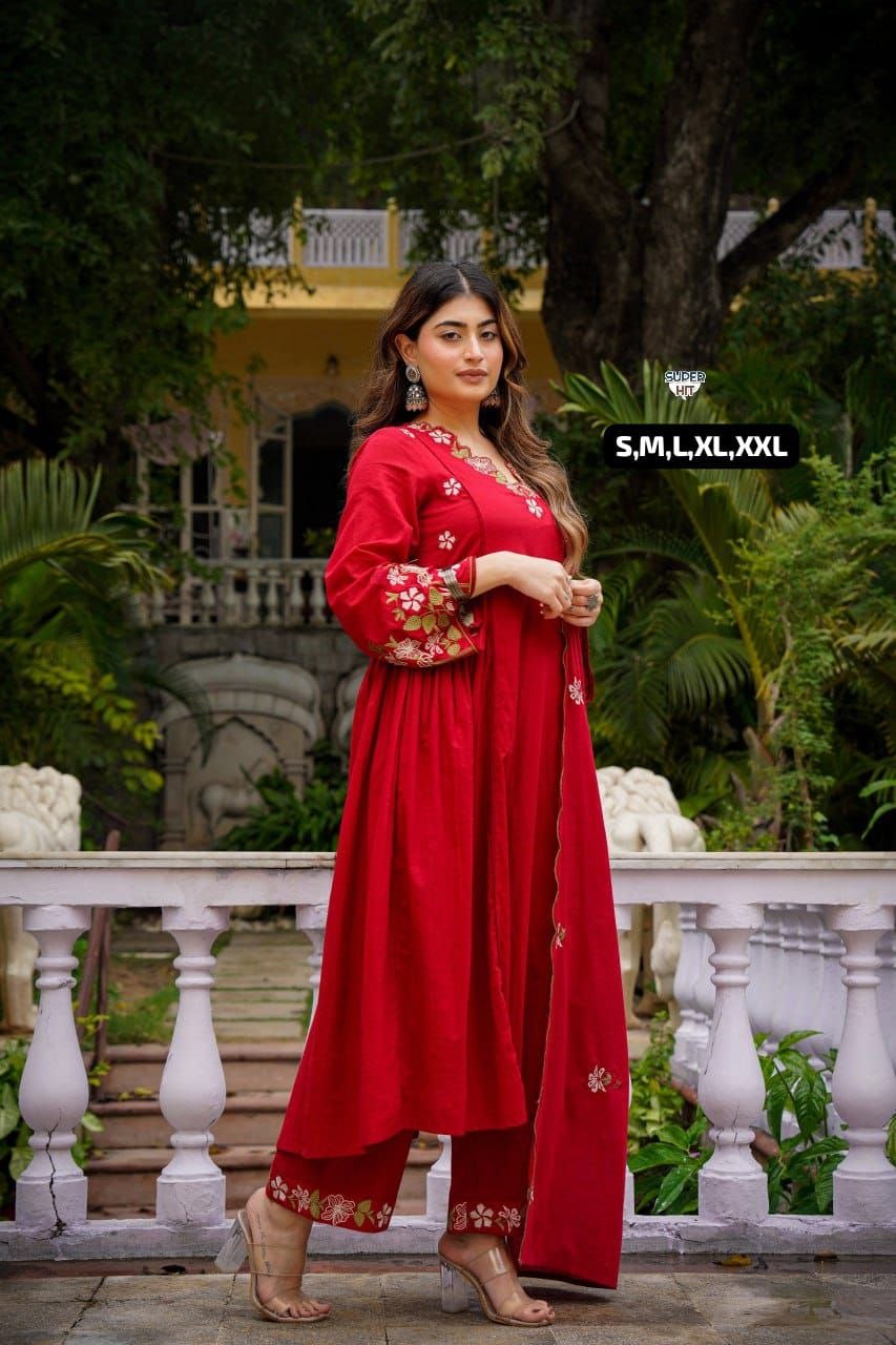 Premium Chaderi Silk Aline Embriodery Suit Set