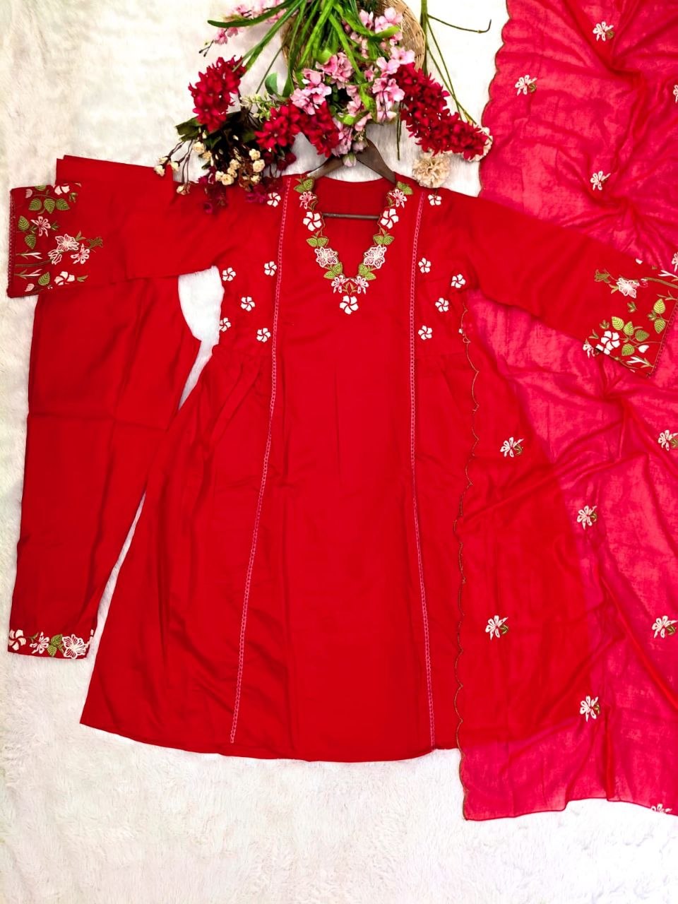 Premium Chaderi Silk Aline Embriodery Suit Set
