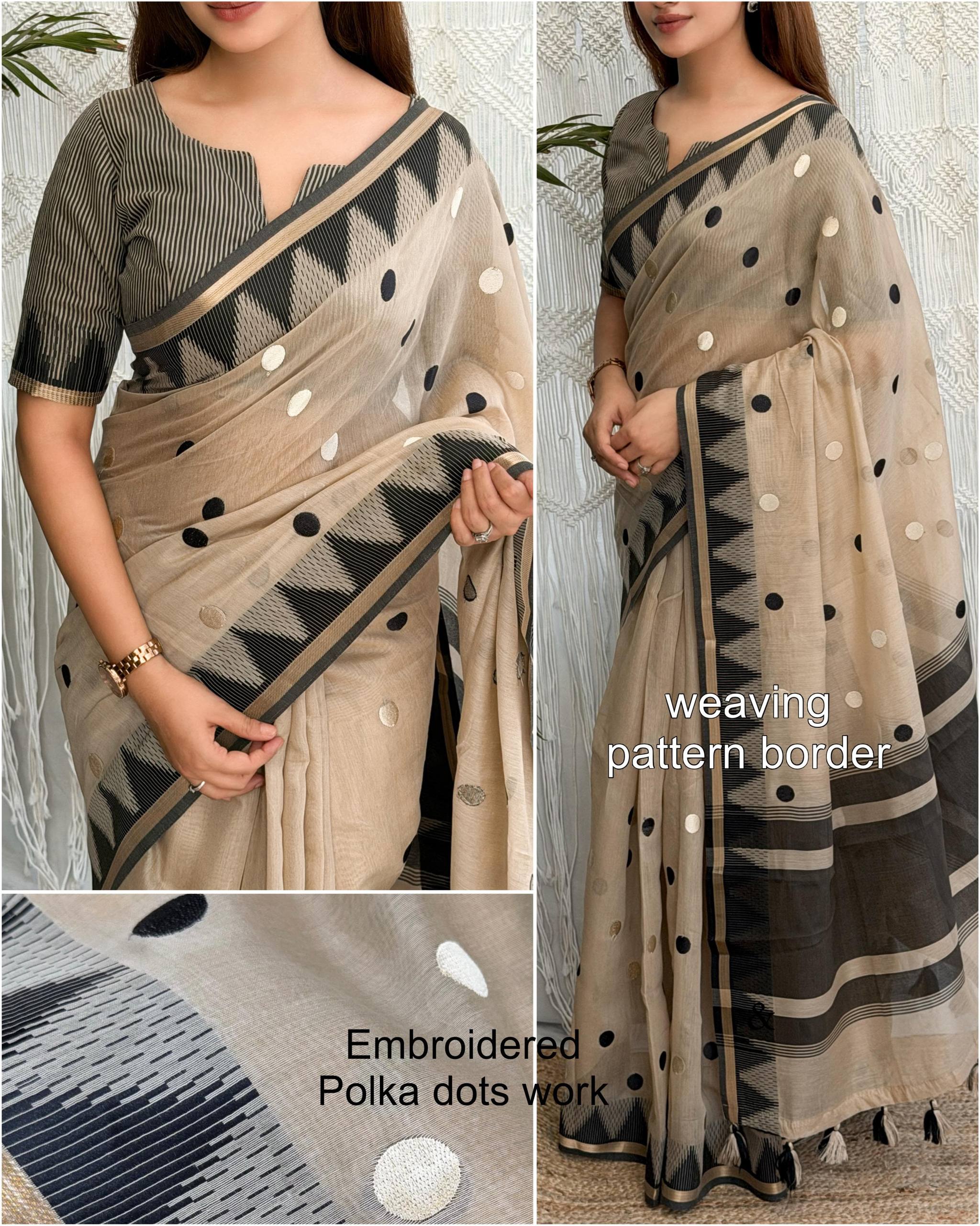 Black Beige Modal Cotton Embriodered Saree