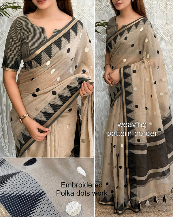 Black Beige Modal Cotton Embriodered Saree