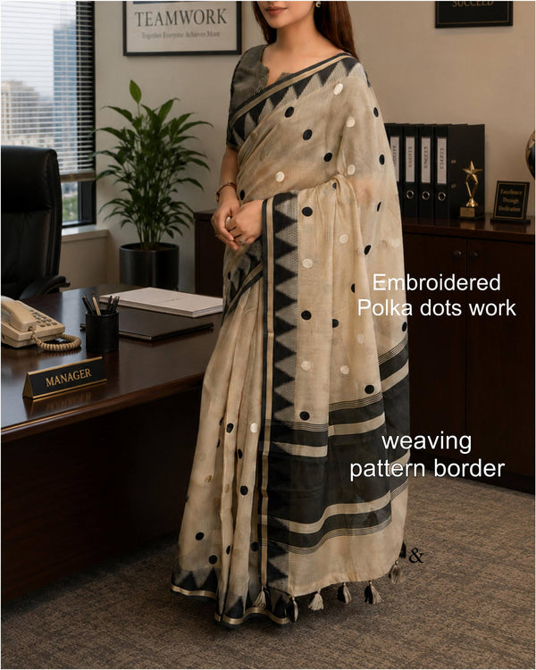 Black Beige Modal Cotton Embriodered Saree