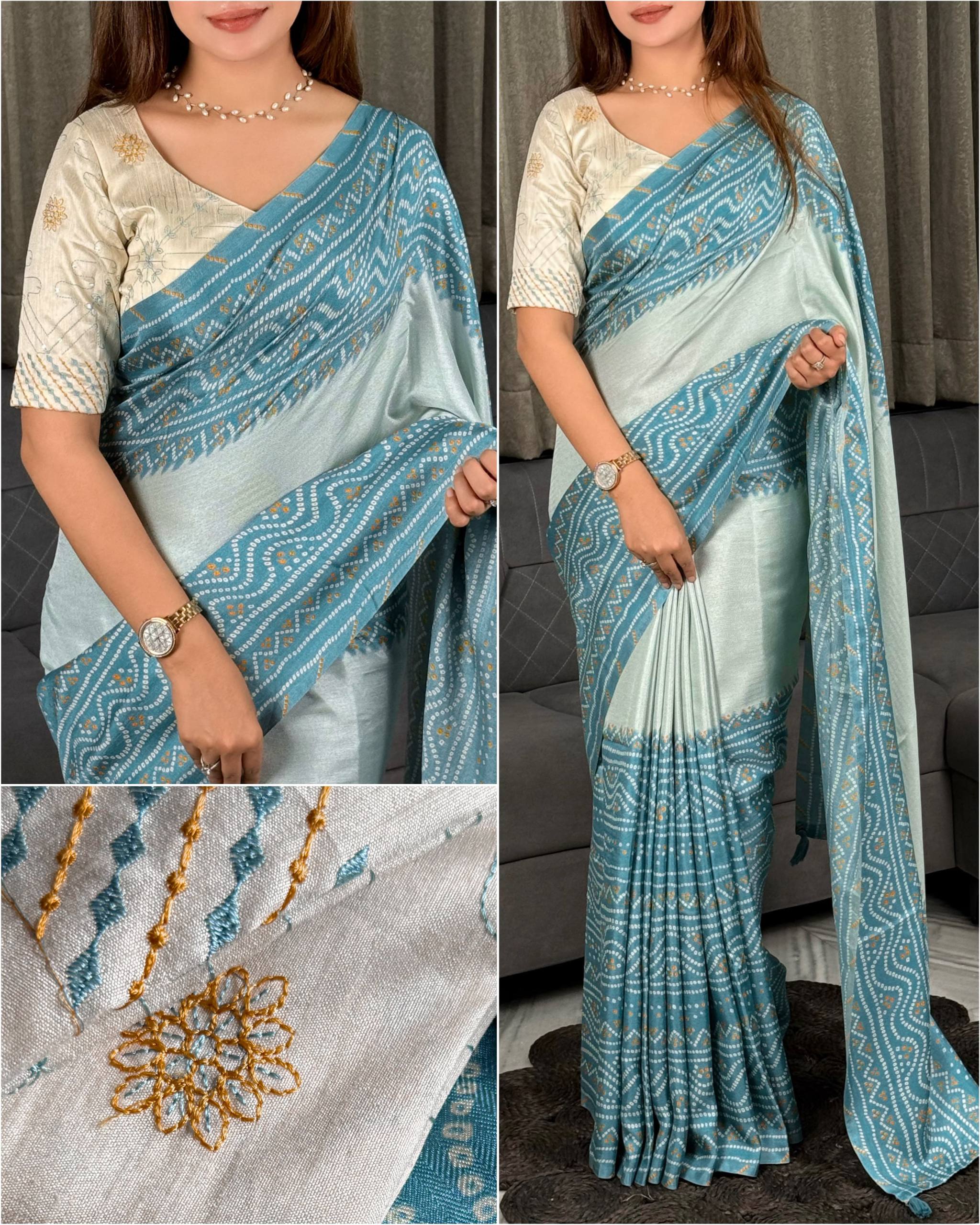 Bandhej Kota Linen Saree with Embroidered Blouse