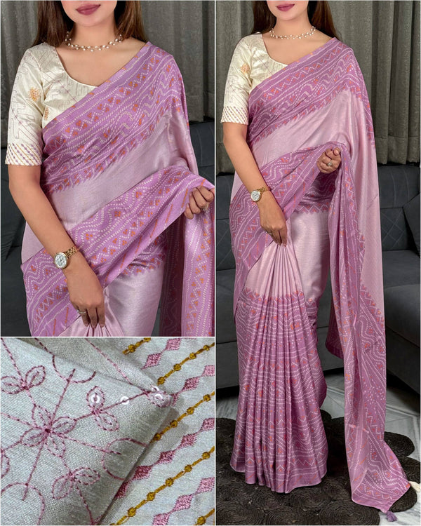 Bandhej Kota Linen Saree with Embroidered Blouse