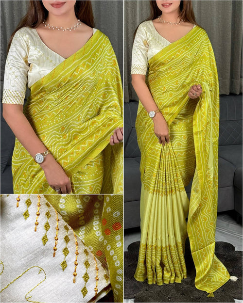 Bandhej Kota Linen Saree with Embroidered Blouse
