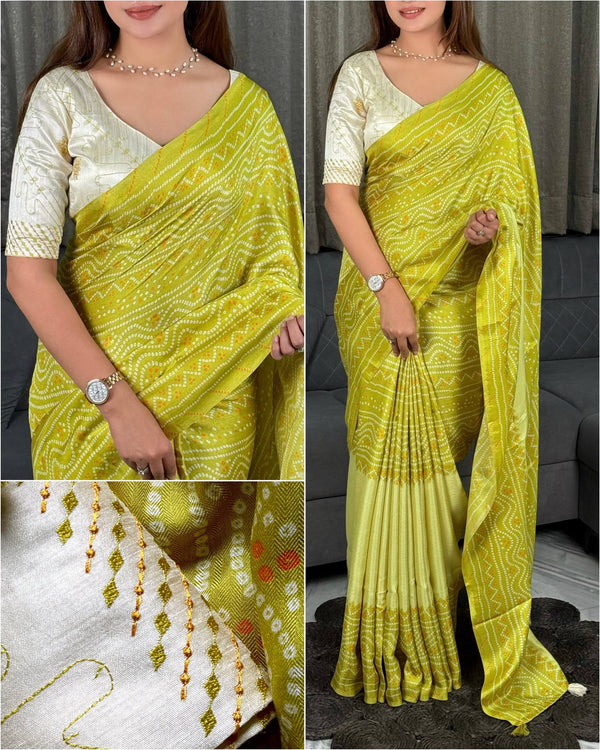 Bandhej Kota Linen Saree with Embroidered Blouse
