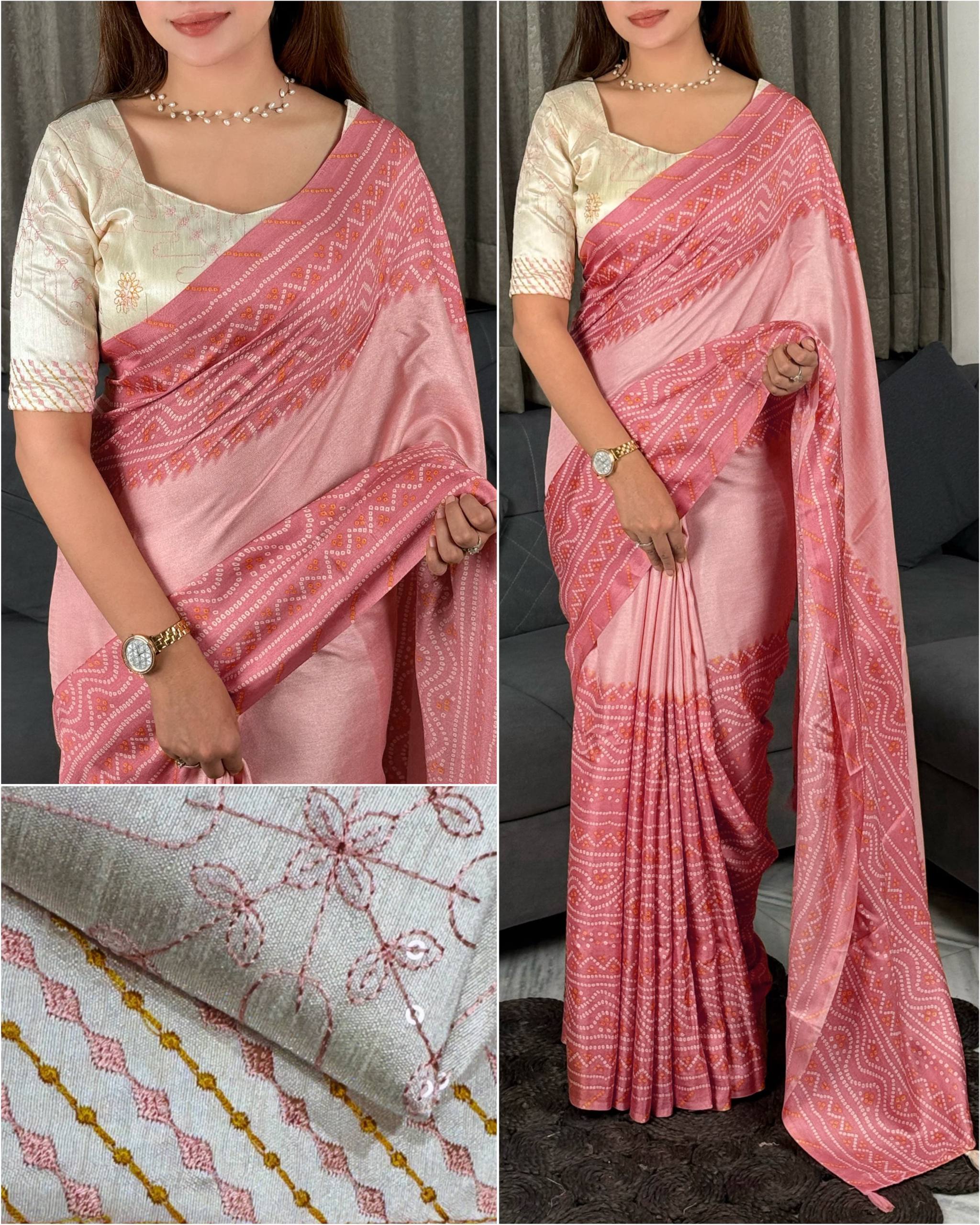 Bandhej Kota Linen Saree with Embroidered Blouse