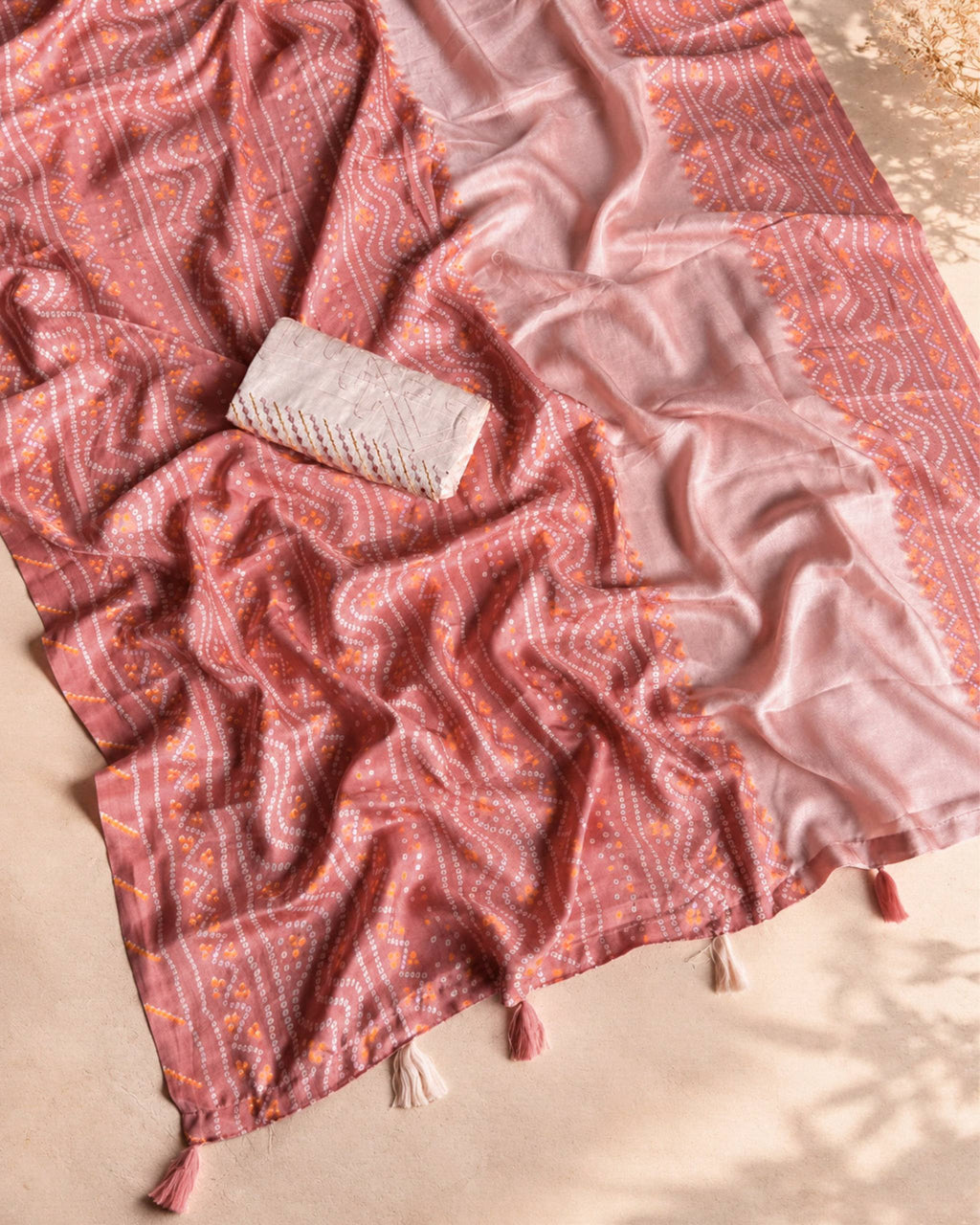 Bandhej Kota Linen Saree with Embroidered Blouse