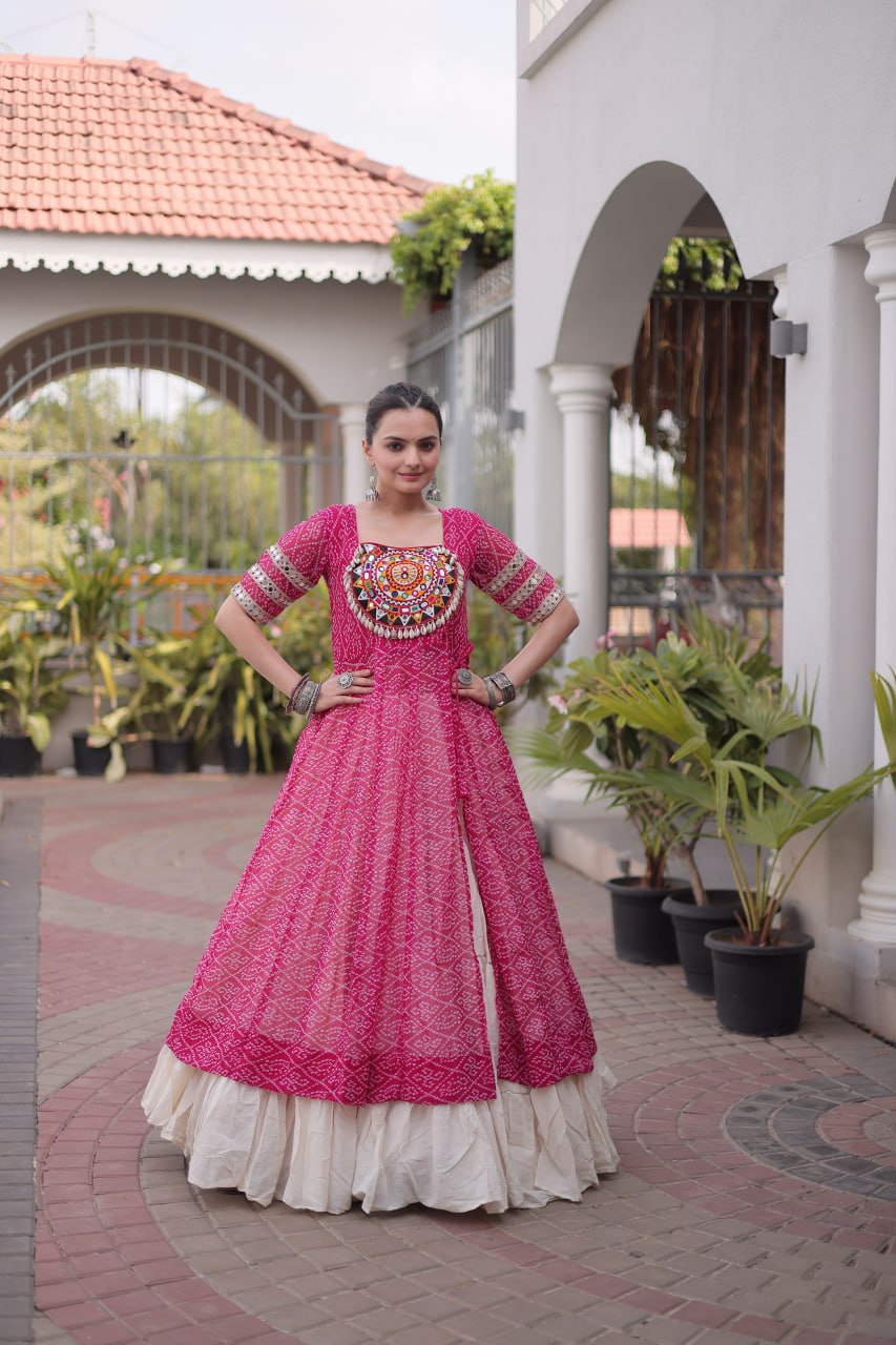 New Geogrette Bandhani Print Kurti Lehenga Navratri Set