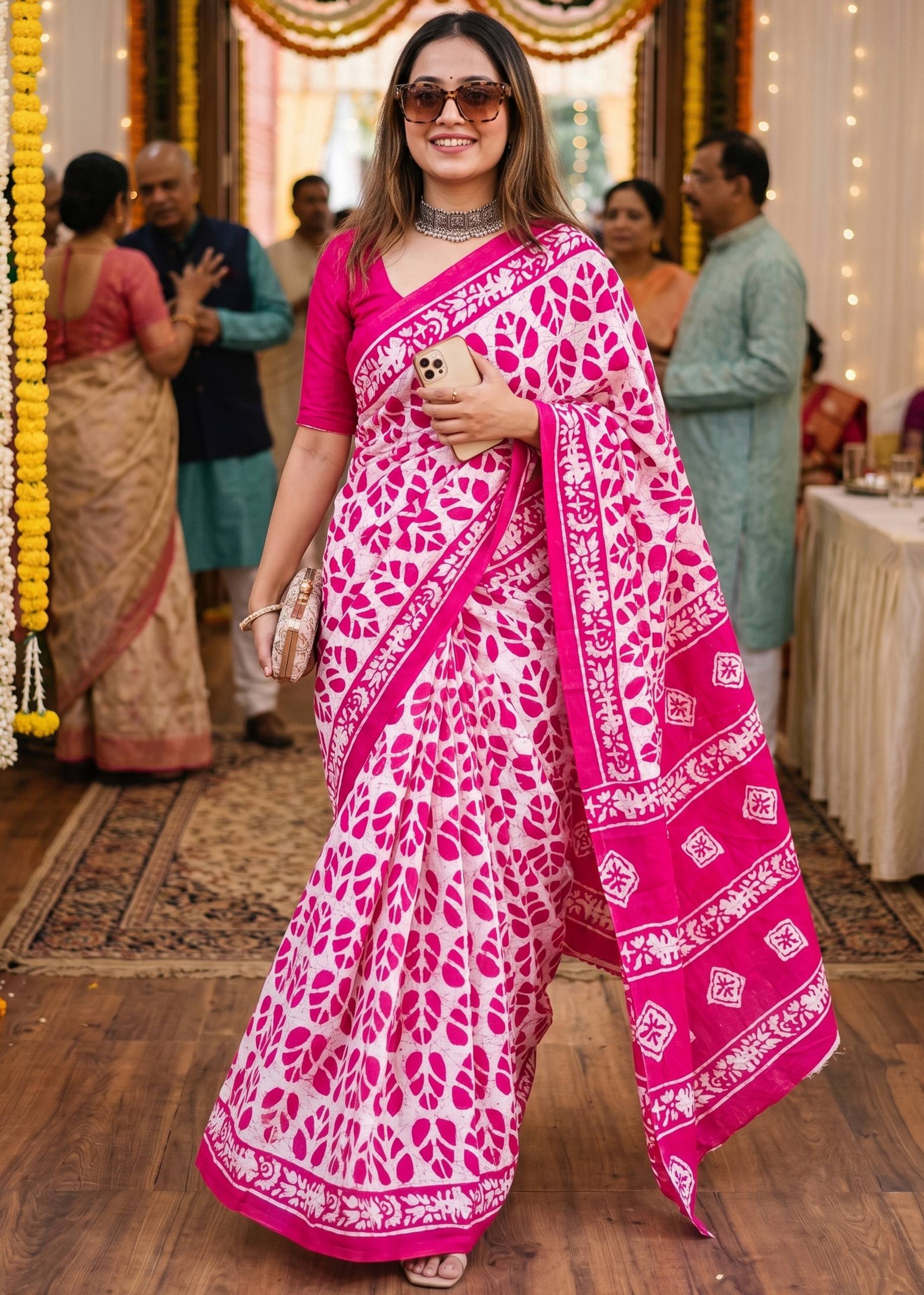 Pure Mul Cotton Batik Print Saree With Blouse