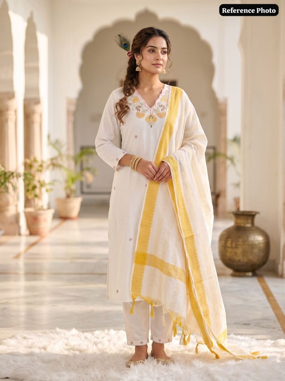 White Pure Khadi Cotton Embriodery Suit Set