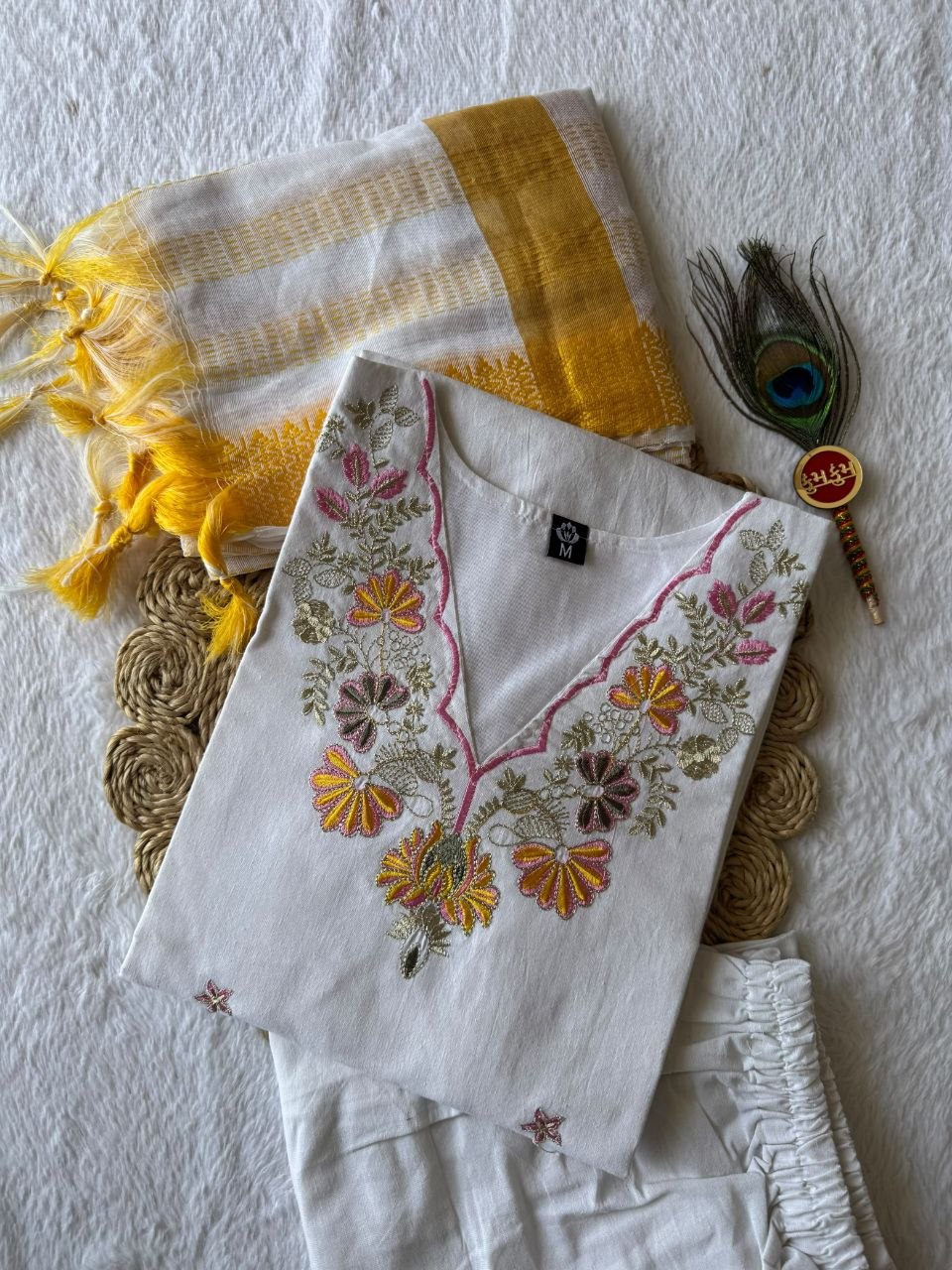 White Pure Khadi Cotton Embriodery Suit Set