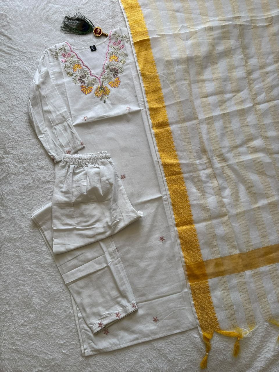 White Pure Khadi Cotton Embriodery Suit Set