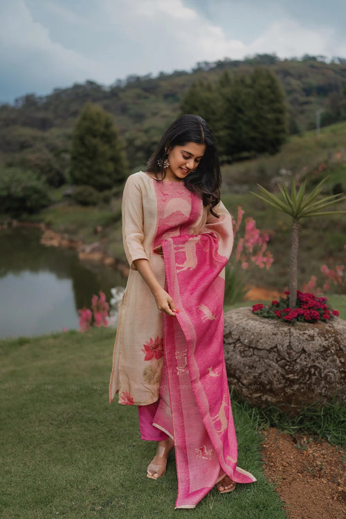 Beige Zarna Silk Printed Suit Set