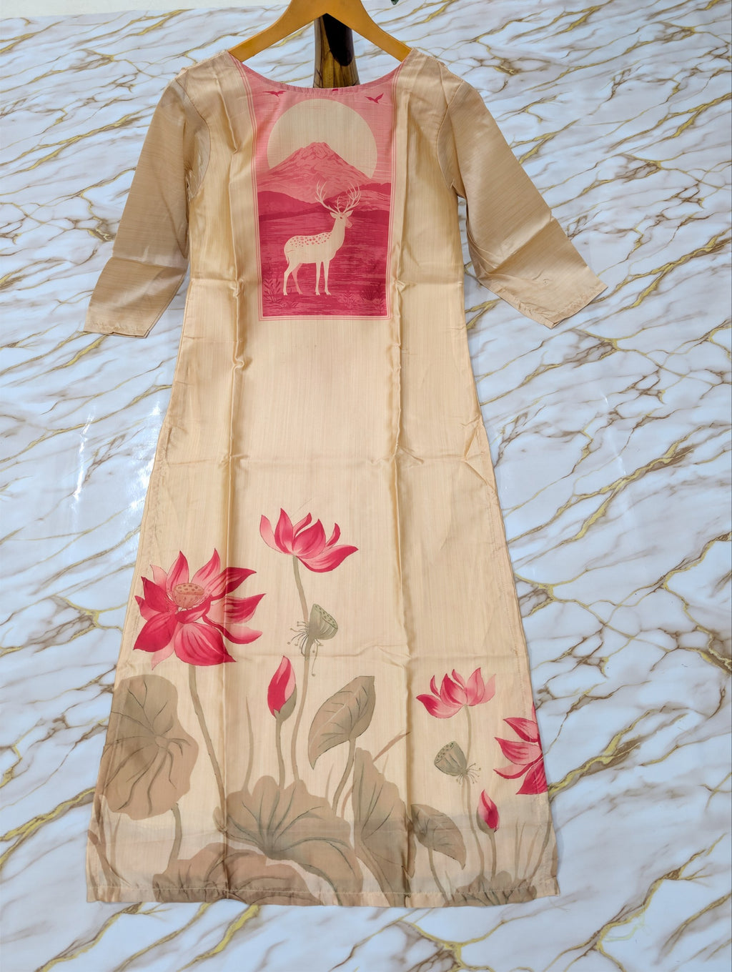 Beige Zarna Silk Printed Suit Set