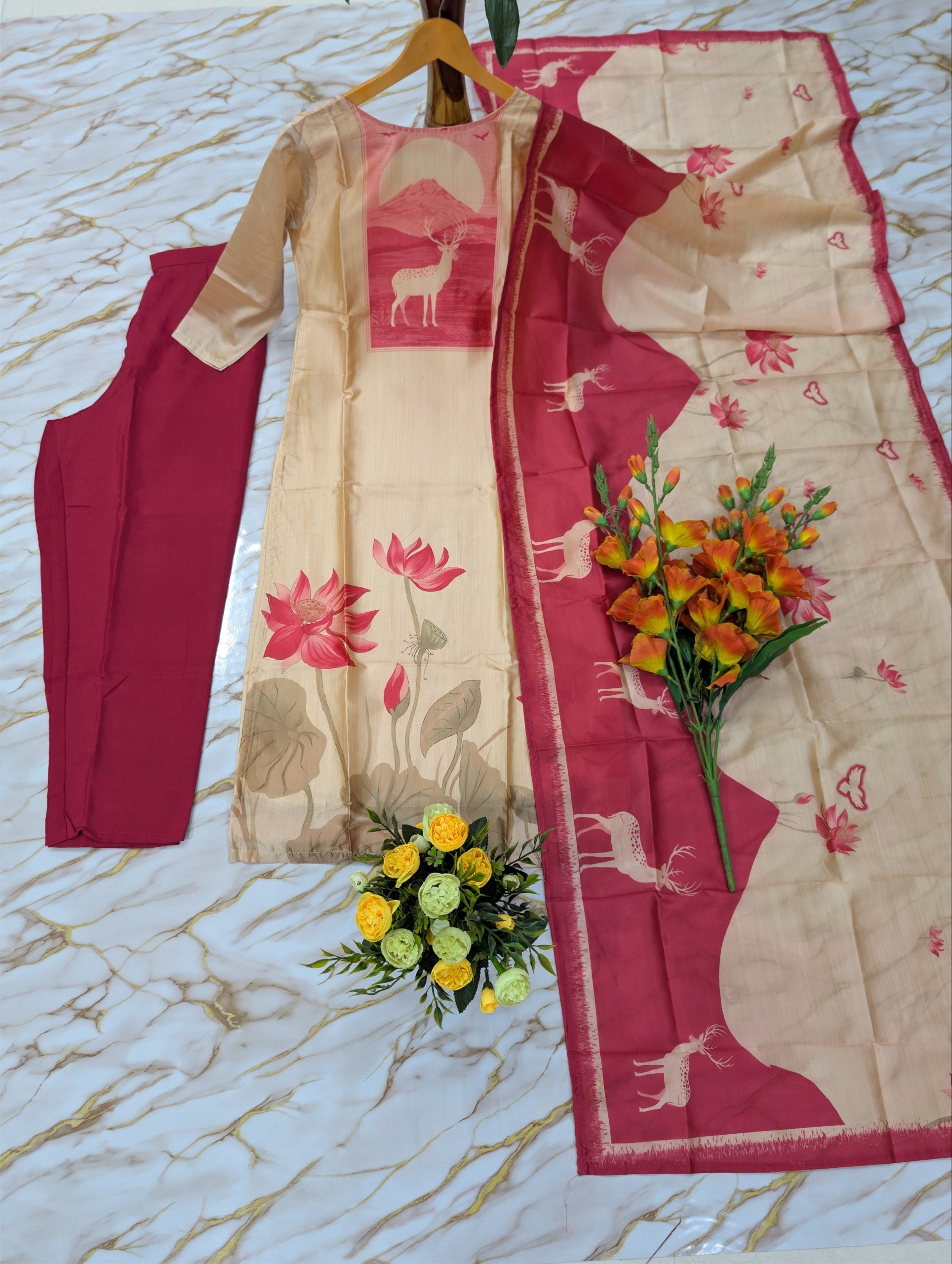 Beige Zarna Silk Printed Suit Set