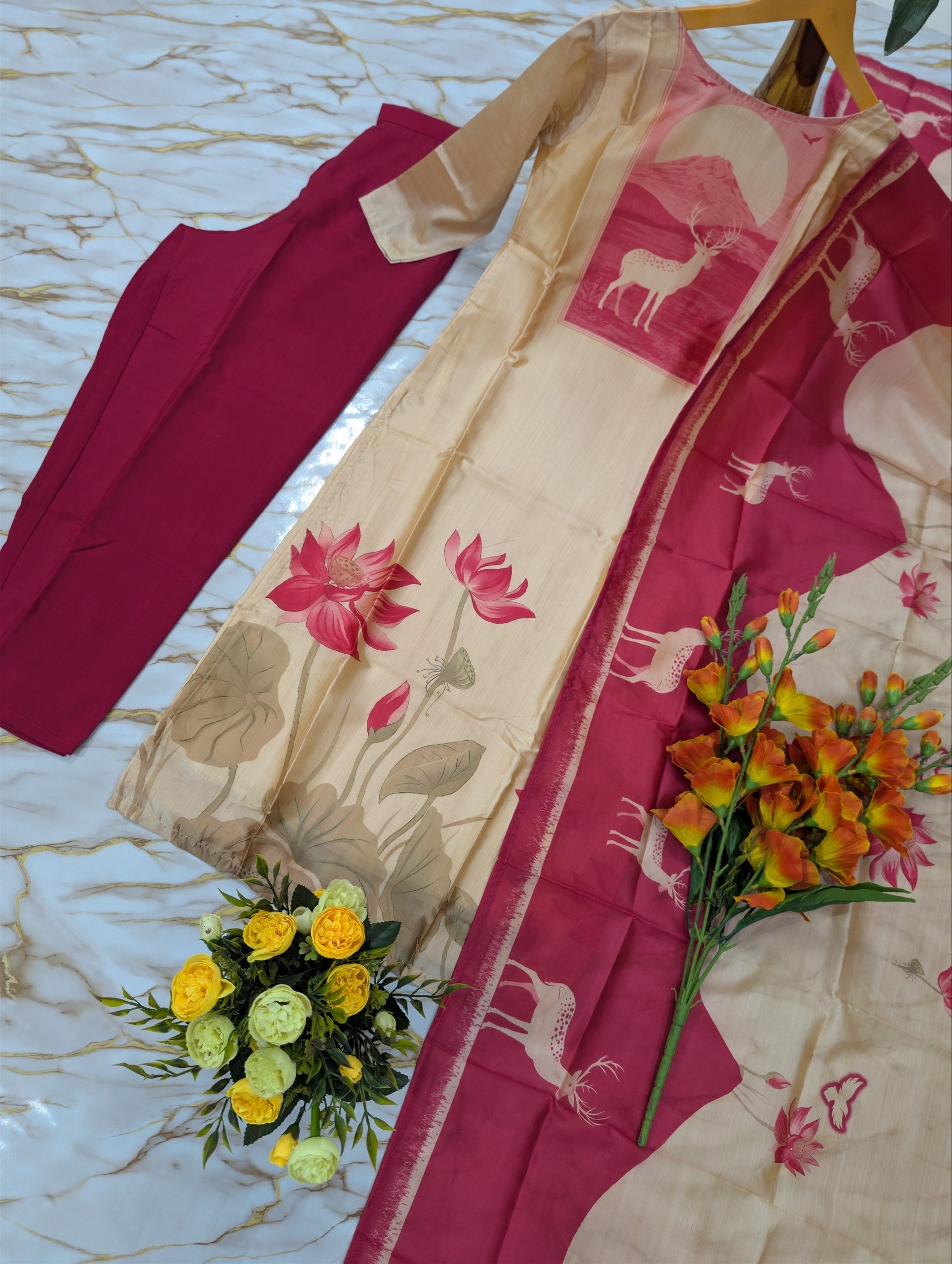 Beige Zarna Silk Printed Suit Set