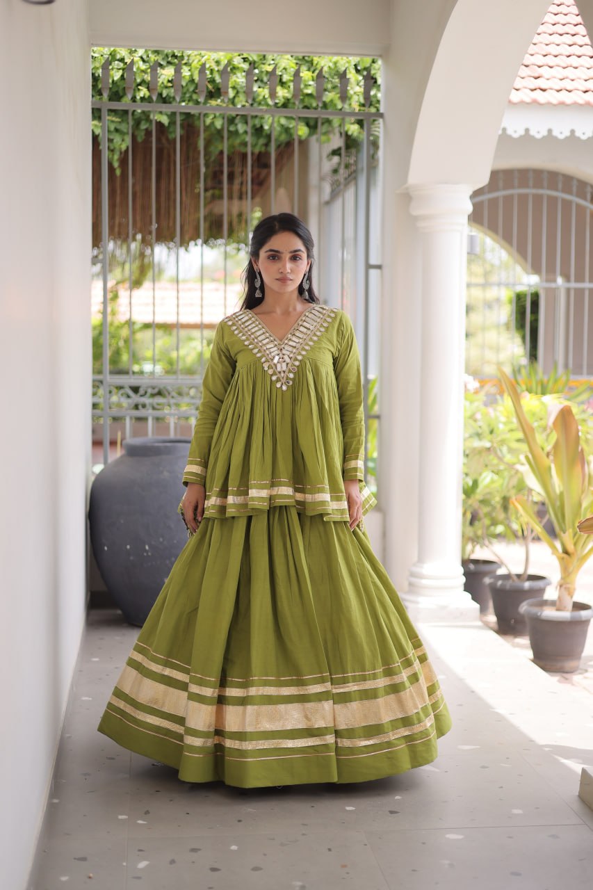 Cotton Zari Gota Work Lehenga with Mirror Blouse Set
