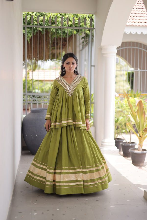 Cotton Zari Gota Work Lehenga with Mirror Blouse Set