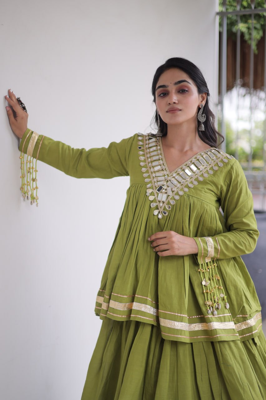 Cotton Zari Gota Work Lehenga with Mirror Blouse Set