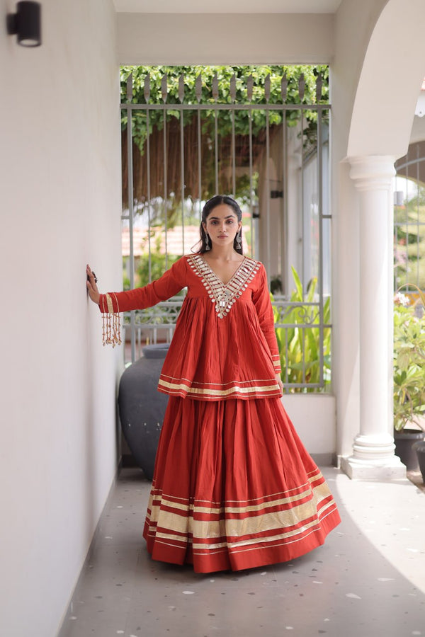 Cotton Zari Gota Work Lehenga with Mirror Blouse Set