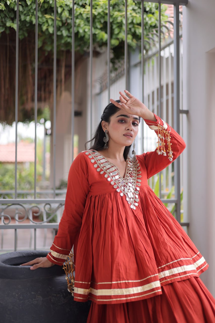 Cotton Zari Gota Work Lehenga with Mirror Blouse Set