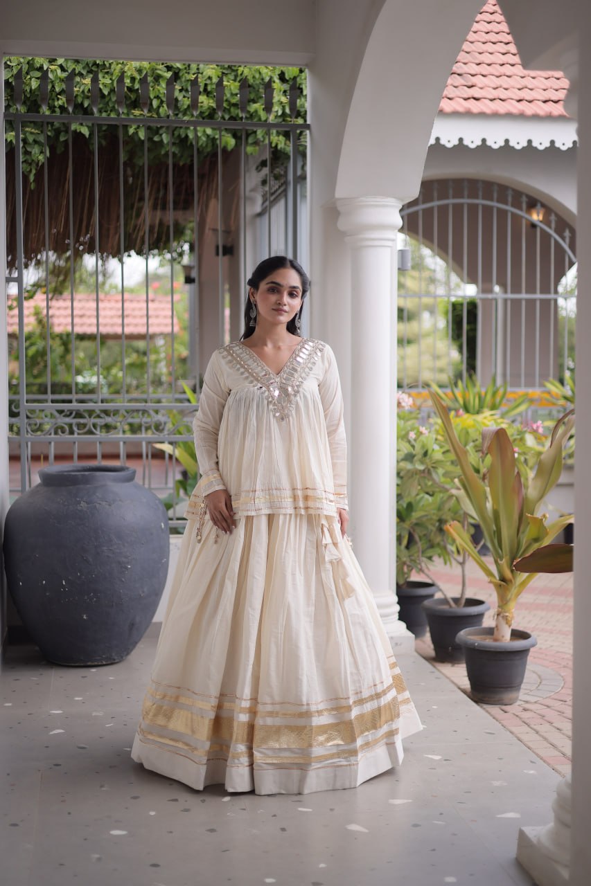 Cotton Zari Gota Work Lehenga with Mirror Blouse Set