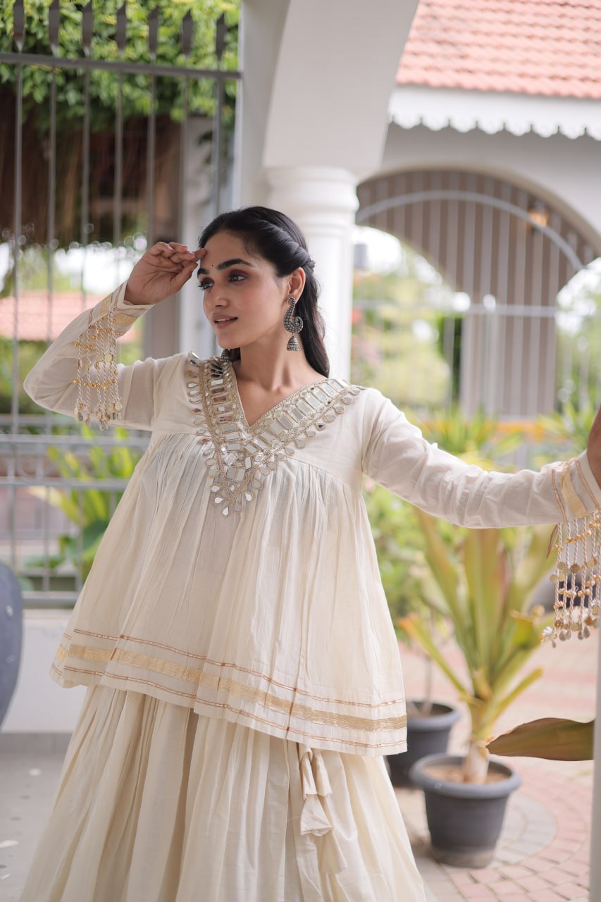 Cotton Zari Gota Work Lehenga with Mirror Blouse Set