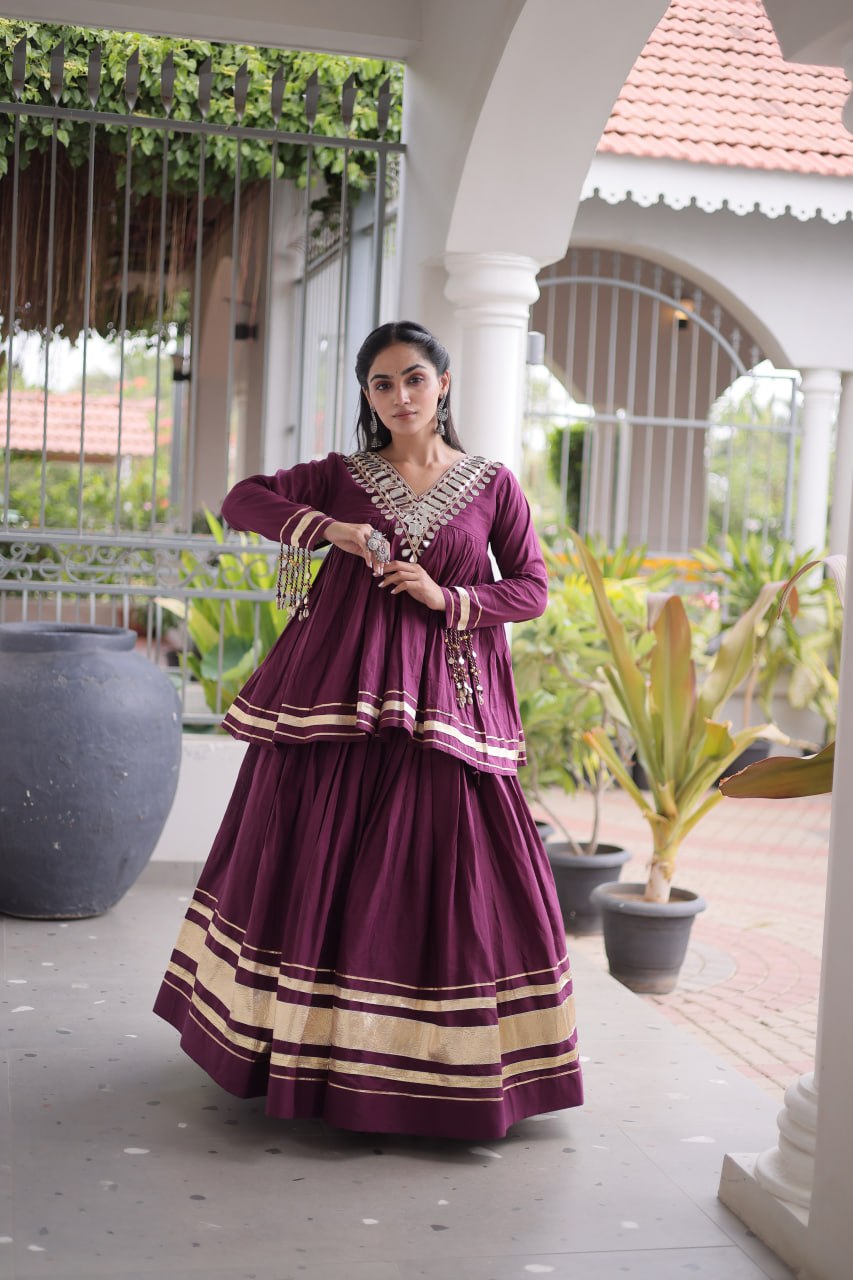 Cotton Zari Gota Work Lehenga with Mirror Blouse Set