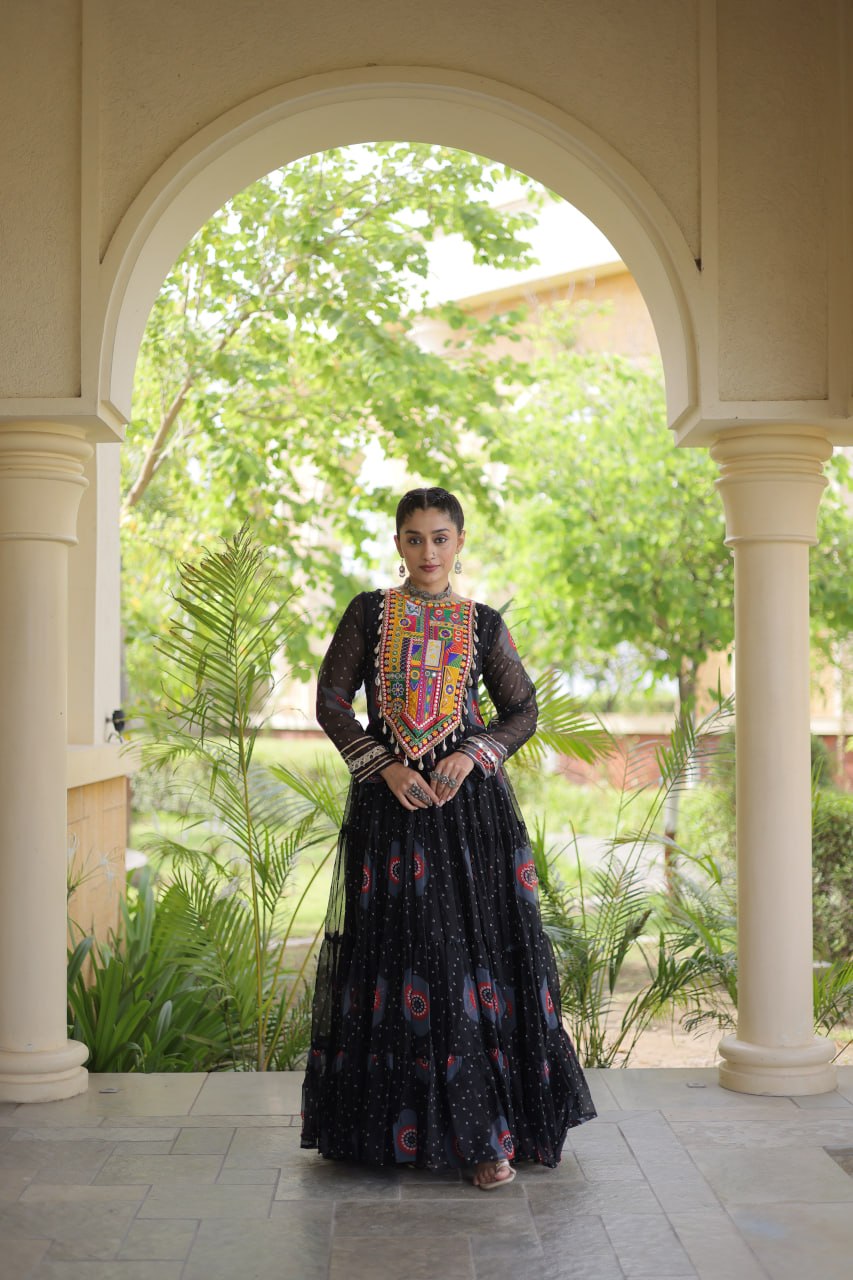 Geogrette Bandhani Print Kutchi Patchwork Festive Gown