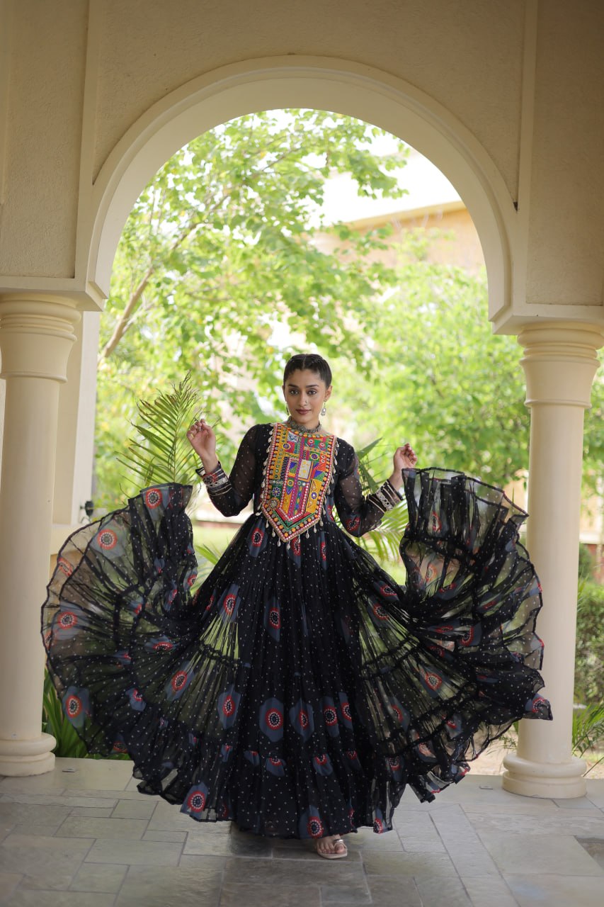 Geogrette Bandhani Print Kutchi Patchwork Festive Gown