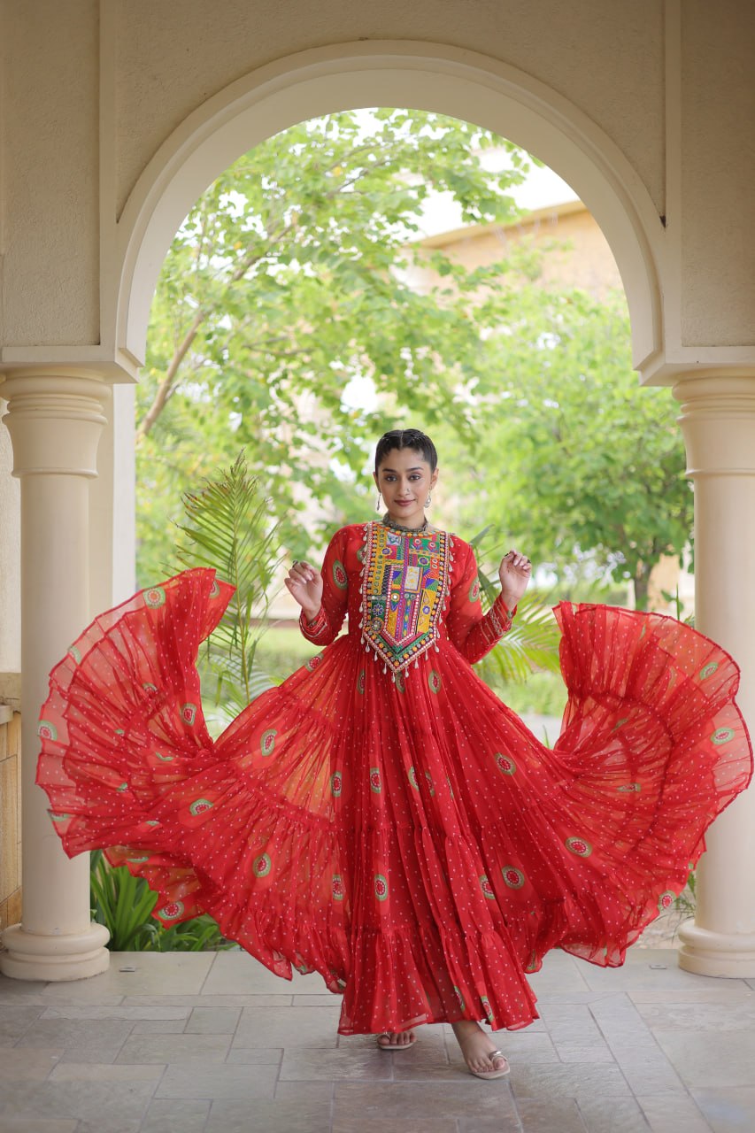Geogrette Bandhani Print Kutchi Patchwork Festive Gown