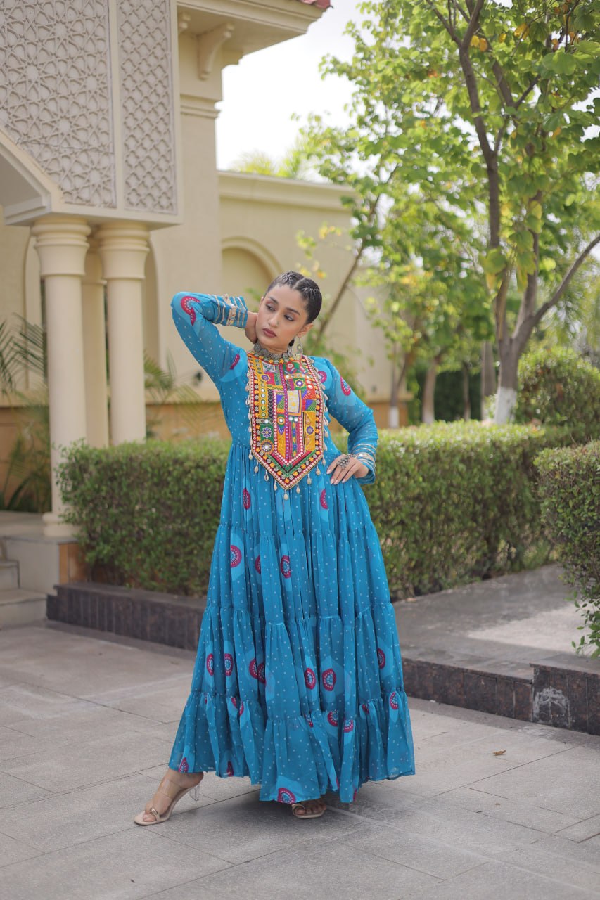 Geogrette Bandhani Print Kutchi Patchwork Festive Gown