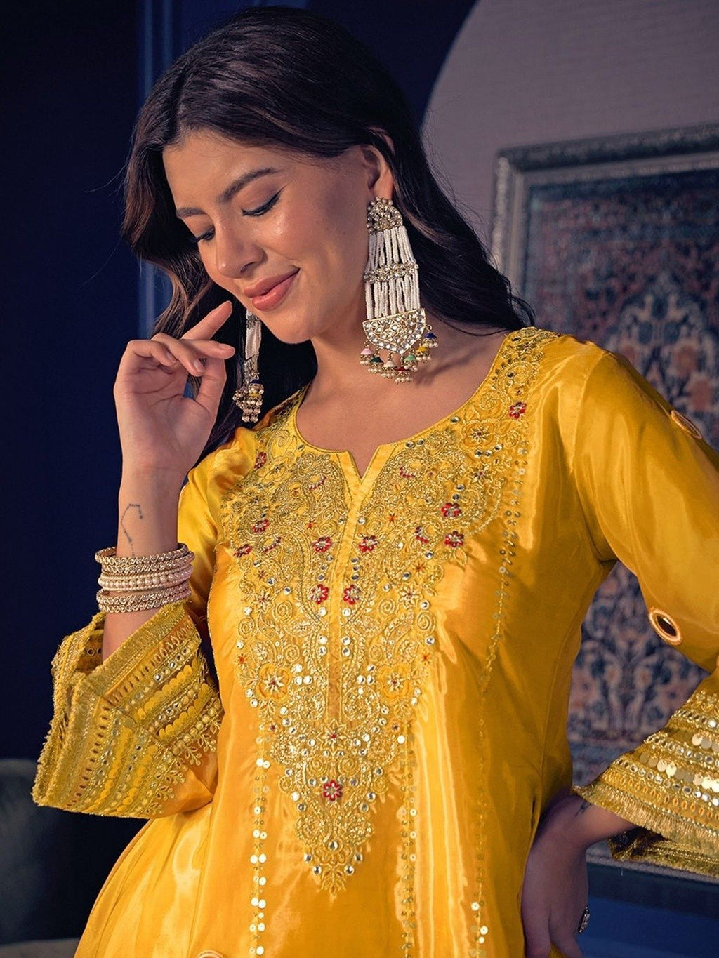 Ethnic Crepe Silk Kurta Palazzo Set With Mirror Work