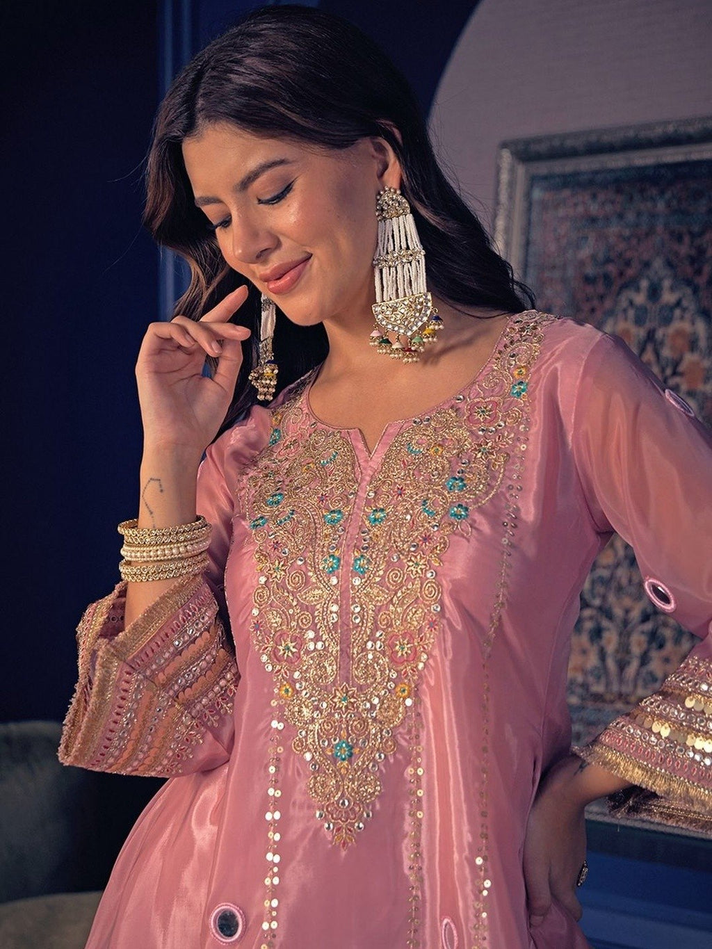 Ethnic Crepe Silk Kurta Palazzo Set With Mirror Work