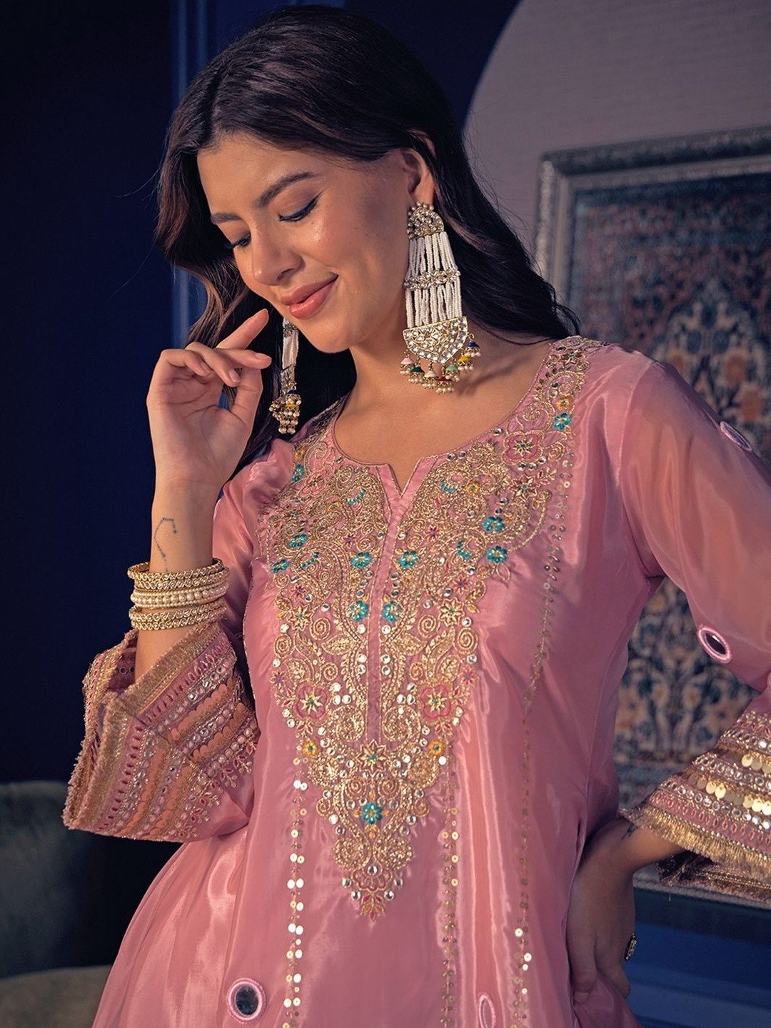 Ethnic Crepe Silk Kurta Palazzo Set With Mirror Work